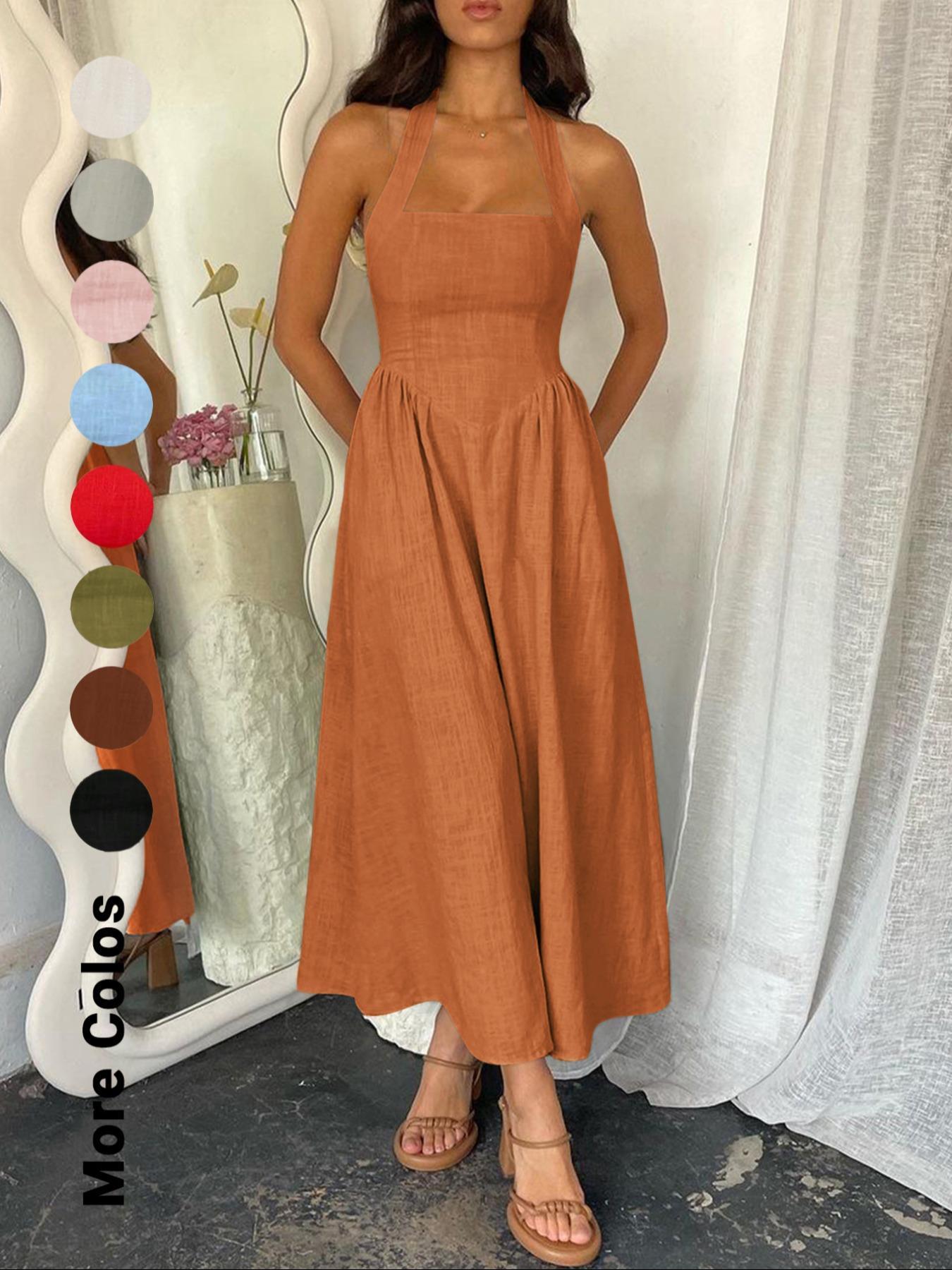 Women's Plain Pocket Zipper Back Dress, Casual Sleeveless Halter Neck A Line Dress for Summer, Ladies Clothes for Beach Holiday, Brunch Dresses, Casual Wear