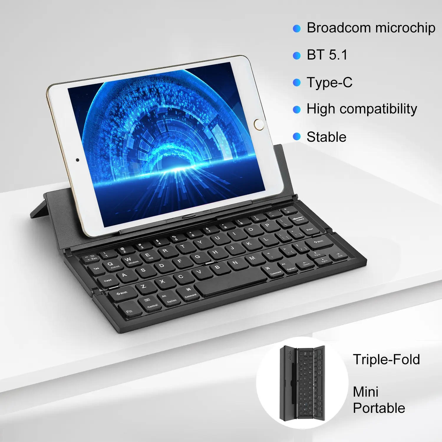 Three-Fold Mini Portable Bluetooth-compatible 5.1 Wireless Keyboard, Stable Connection, Type-C Charging, Compatible with iOS, Android, Windows