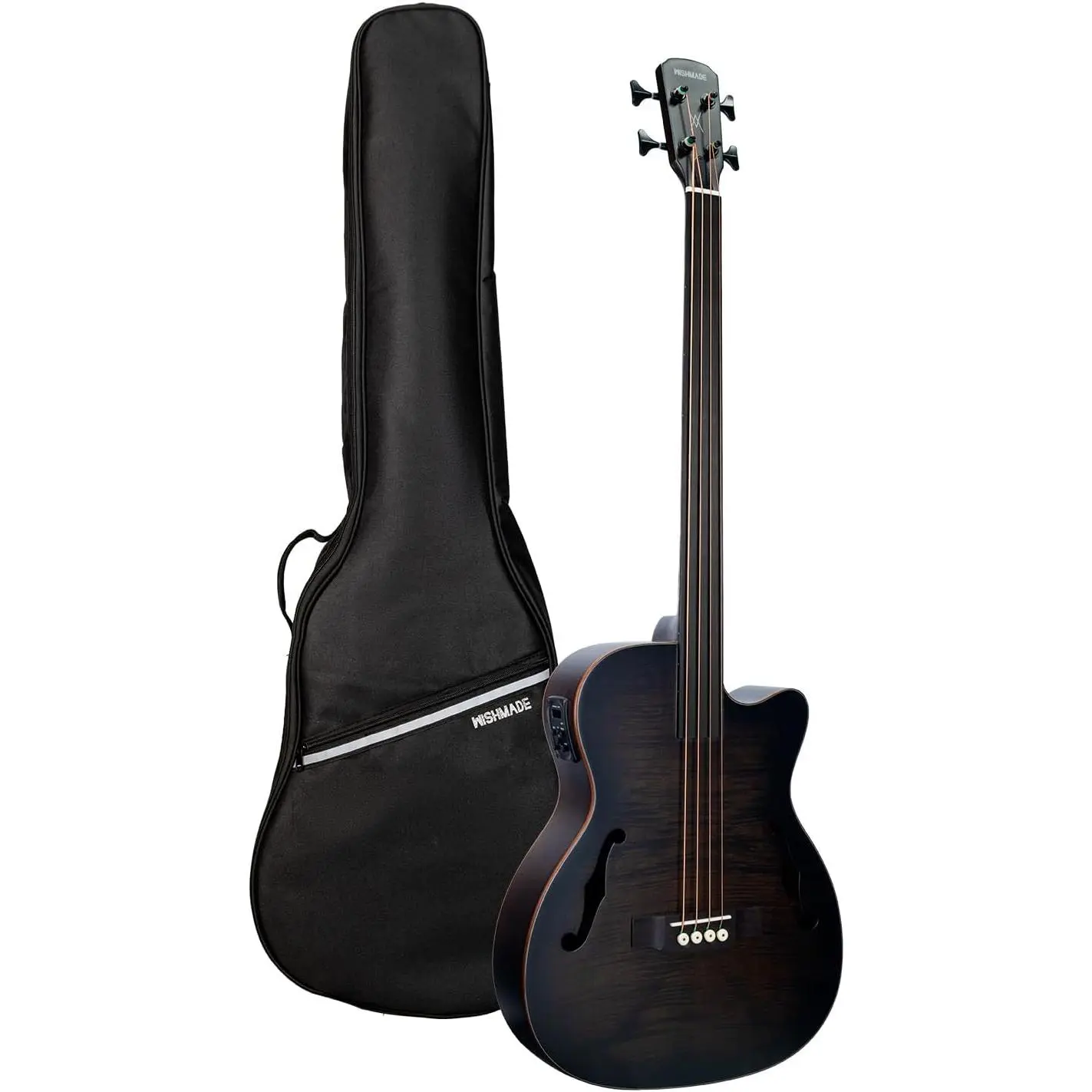 WishMade 4 String Fretless Acoustic Electric Bass Guitar, Flamed Top Semi Hollow Body Bass with F Holes & 3-Band EQ Preamp, Lightweight Travel Fretless Bass for Jazz, Live Performance & Studio, Trans Black Finish with Gig Bag