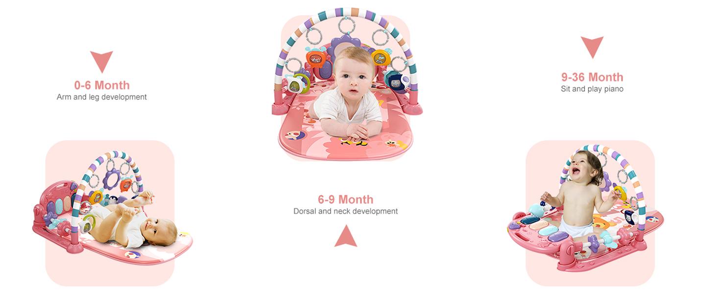 dearlomum Baby Play Mat Gym, Funny Play Piano Tummy Time Activity Mat with 5 Infant Sensory Toys, Music and Lights, Boy & Girl Gifts for Newborns 0 to 3 6 9 12 Months (Pink)