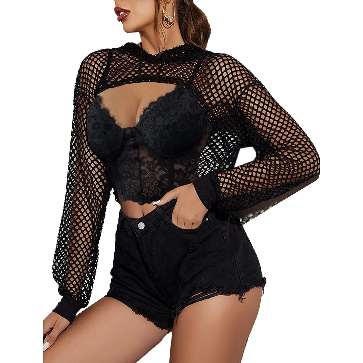 Mesh Crop Top Hoodie Rave Tops For Women Long Sleeve Fishnet Shirt for Festival Club Party