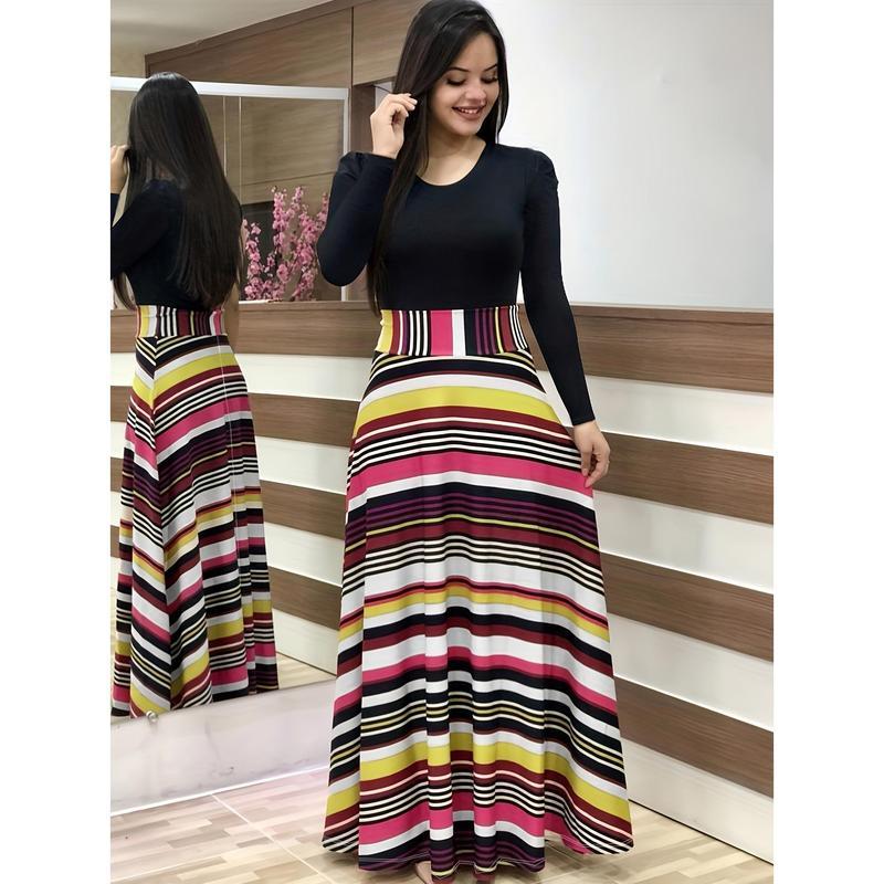 Long Sleeve Elegant Floral Print Maxi Dress, Crew Neck Pleated Women's Clothing Womenswear Geometric