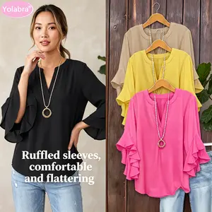 Yolabra Plus Size Women Top 2026 Popular Solid Color Loose Lotus Leaf Seven Quarter Sleeve V-Neck Soft Breathable Casual Daily Vacation Trendy Multi Size Top