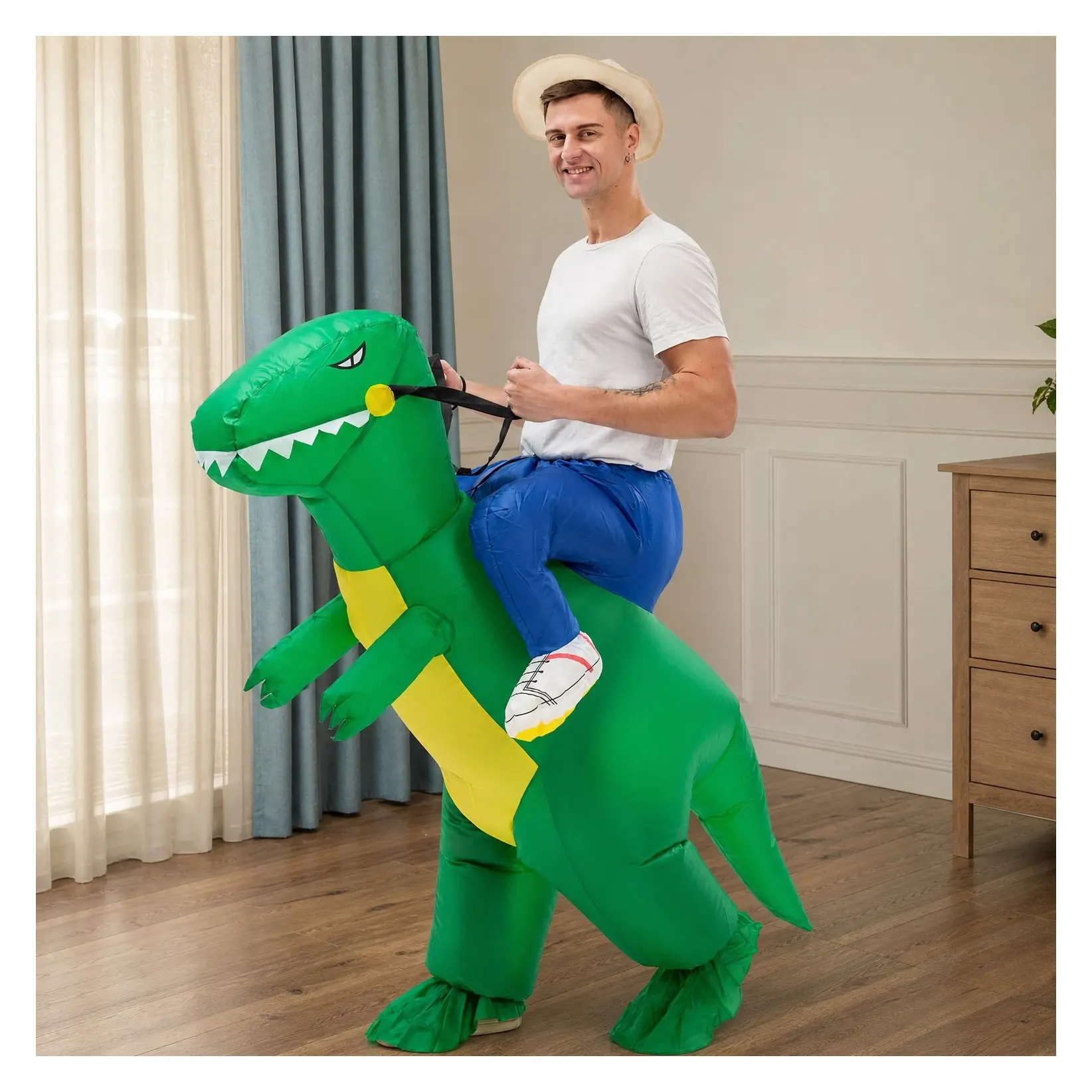 Inflatable Dinosaur Costume for Adults, Funny Blow Up T-Rex Suit with USB Fan, Inflates in 60s, Fits 5'-6'3", Green Dinosaur Halloween Party CostumeGift