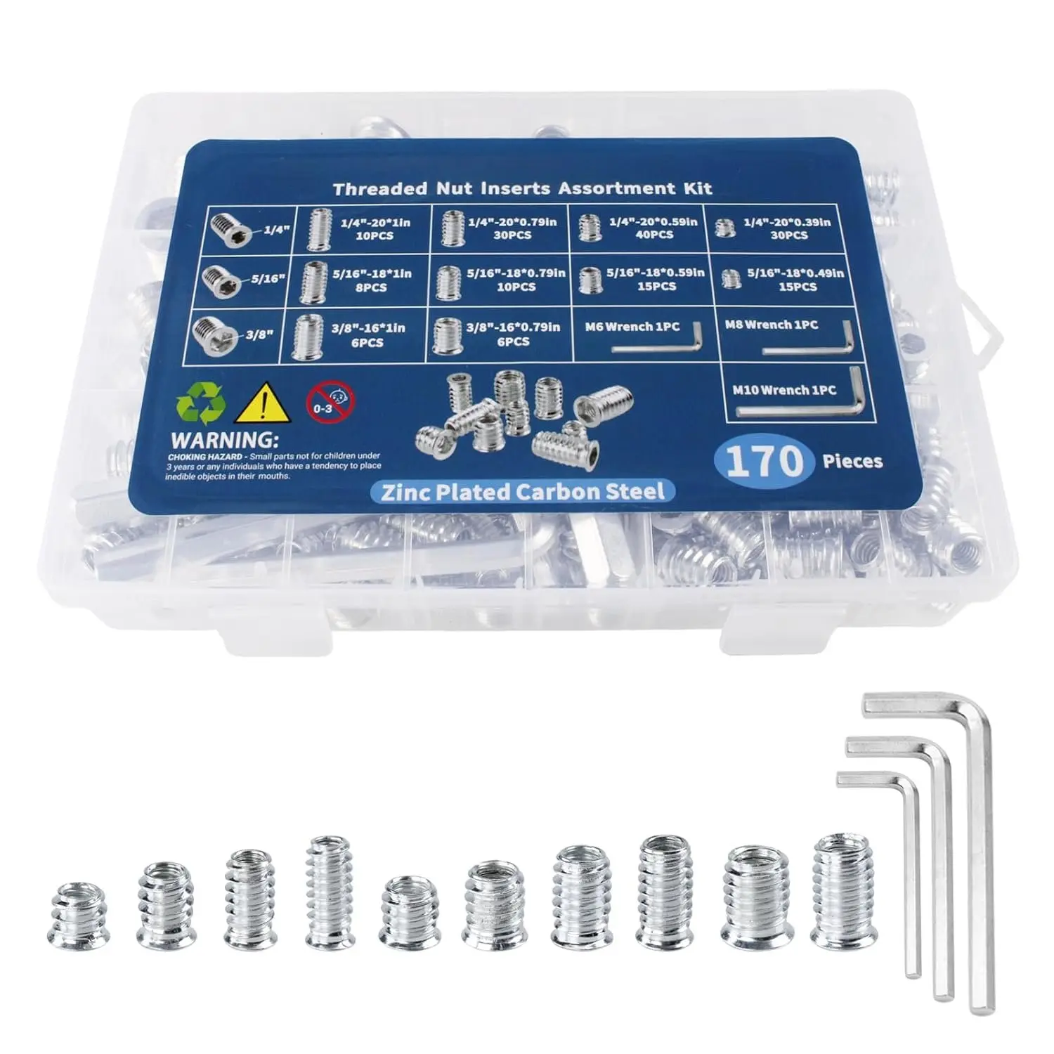 170 count Zinc Plated Threaded Inserts for  Kit, 10 Sizes Steel Threaded Inserts with M6 M8 M10 Hex Wrenches, Furniture Screw Inserts for Cabinet & Woodworking