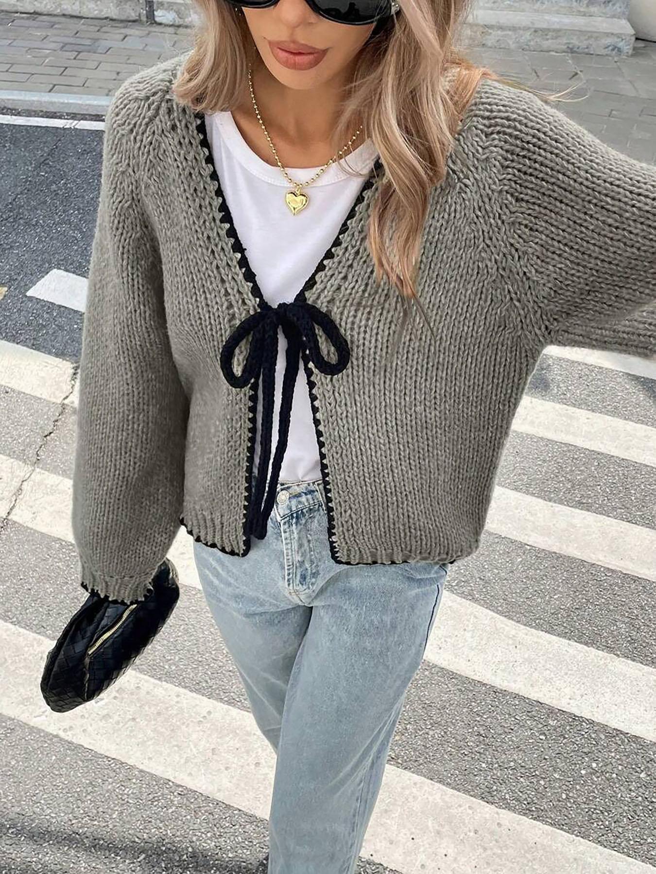 New Contrast Color Knitted Cardigan with Self-Tie Long Sleeves, Stylish Casual Knit Sweater Jacket for Women, Unique Design for Everyday Looks