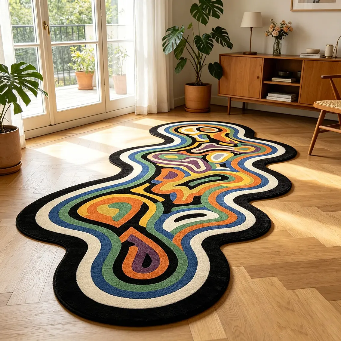 Colorful fluid abstract wave shaped carpet retro contrasting plush floor mat bedroom bedside anti slip foot mat suitable for antique/artistic home decoration Home Decor Rug