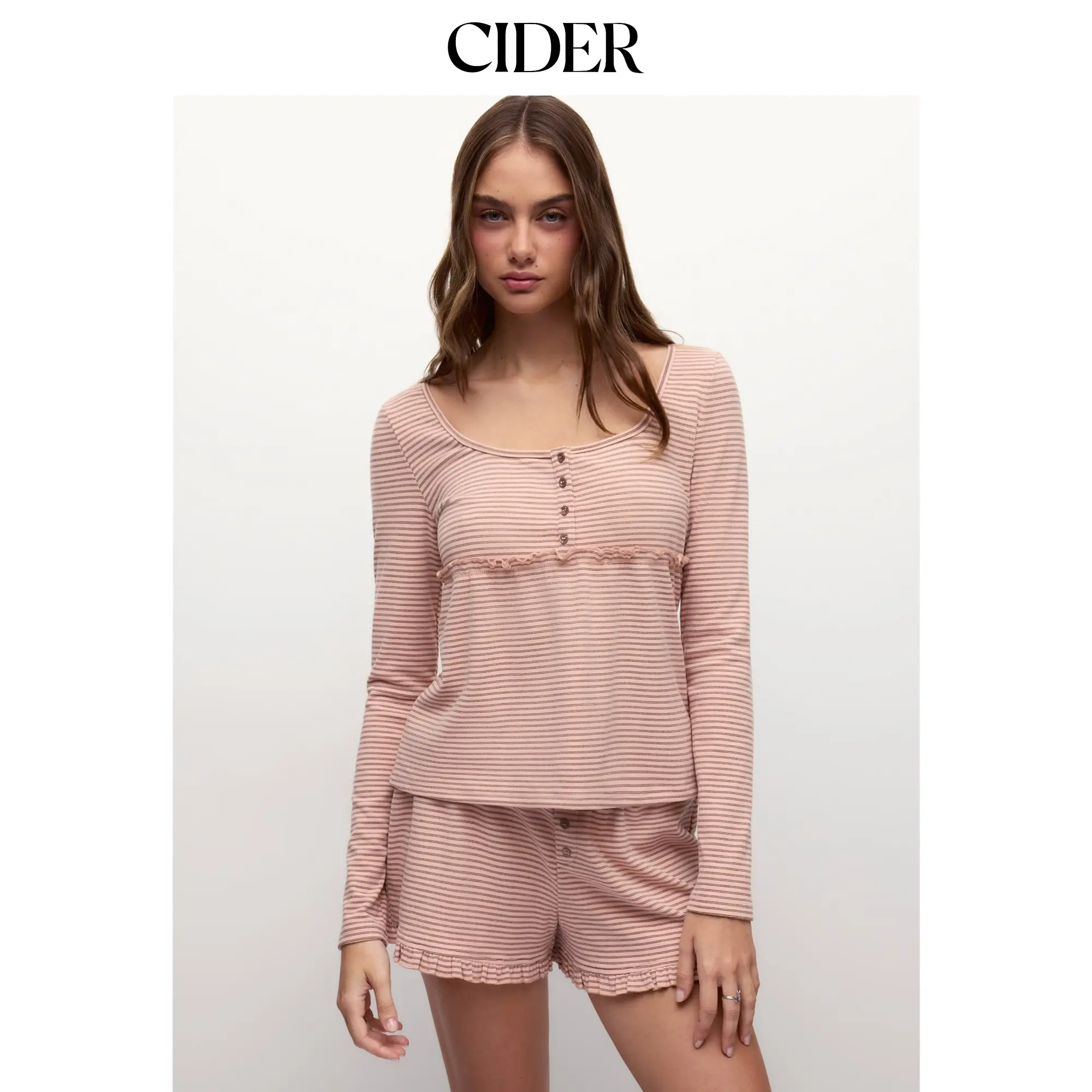 Cider Stripe Long Sleeve U-neckline Ruffle Top & Mid Rise Wide Leg Trousers Loungewear Set