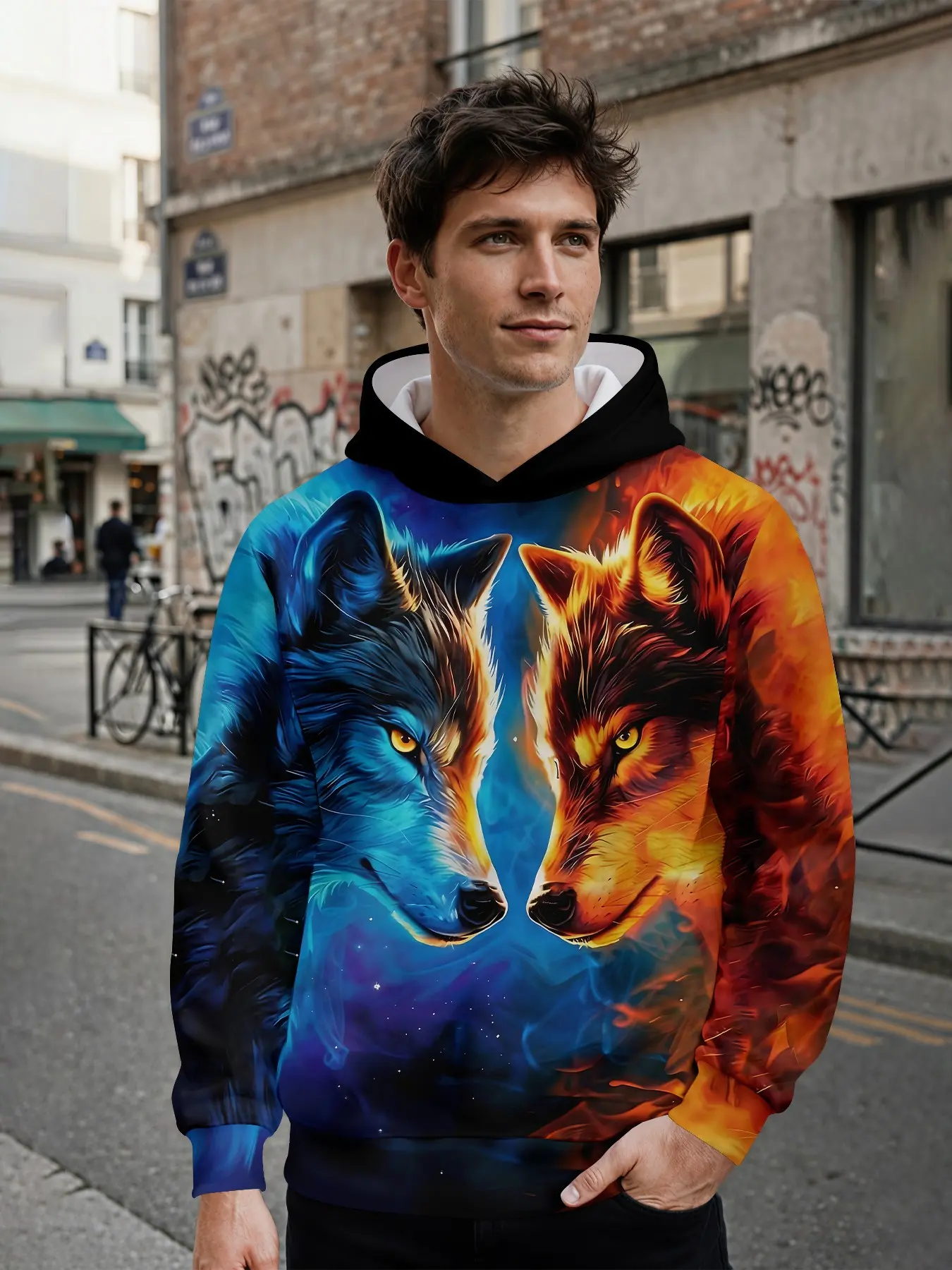 Men's Hoodie with 3D Digital Print Featuring Contrast Atmosphere Pattern of Ice-Fire Twin Wolves Staring at Each Other Under Starry Sky, All-over Printed Design, Eye-catching for Daily Street Looks and Music Festival Outfits, a Perfect Holiday Gift for Me