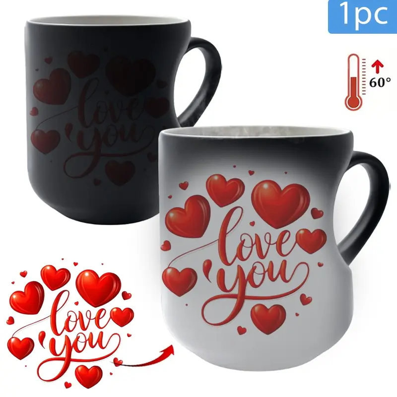 Heart-Shaped Magic Color Changing Ceramic Mug with Black Heart Design - Thermosensitive from Hot to Cold Drinks, Perfect Mother'S Day or Holiday Gift, White with Red Hearts, Reusable, Hand Wash Only