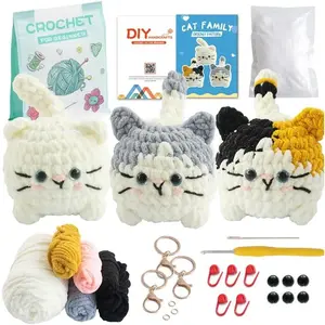 Crochet kit for Beginners, 3 Cats Kitty Family Crochet  kit, Learn to Crochet Knitting kit, with Step by Step Guide Video, Prefect for Gifts, with Key Chains tutorials Yarns Hook