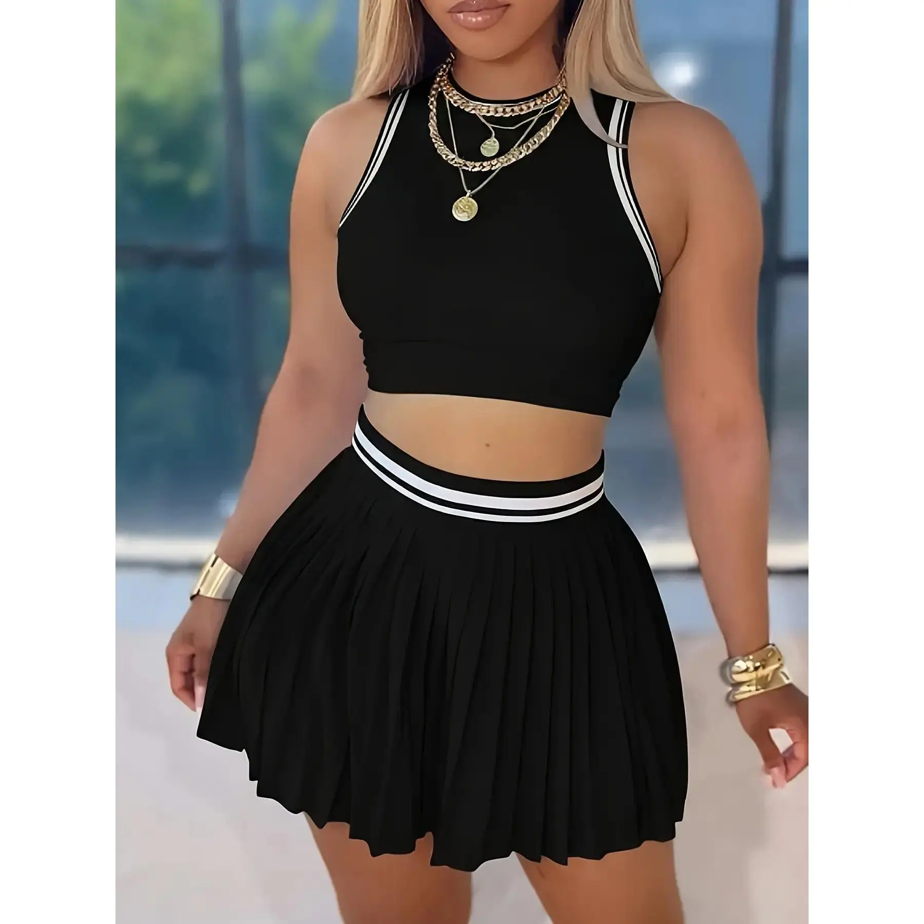 Women's Sporty Colorblock Pleated Skirt and Sleeveless Top Two-Piece Set, Fitted Casual Summer Outfit