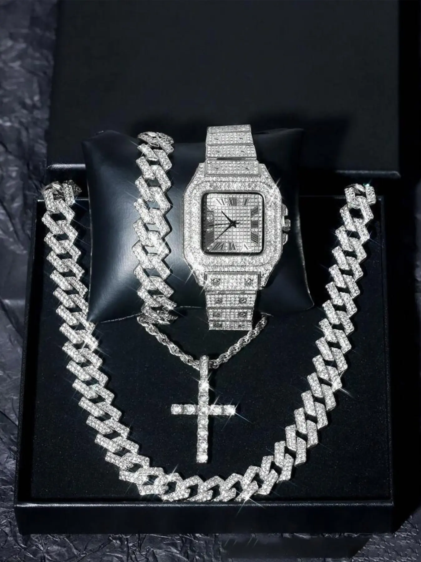 Luxury Punk Style Watch Set, Includes Necklace, Bracelet, Cross Pendant, Quartz Analog Movement, Adjustable Strap, All Seasons Fashion Jewelry Set