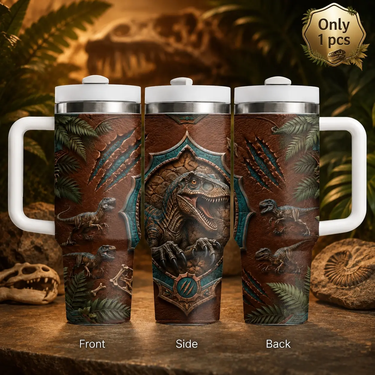 40oz Retro Dinosaur Tumbler with Handle and Straw Lid, Jurassic Fossil Design Stainless Steel Vacuum Insulated Travel Mug, Prehistoric Animal Print Water Cup, Leak Resistant Coffee Cup Gift for Dinosaur Lovers