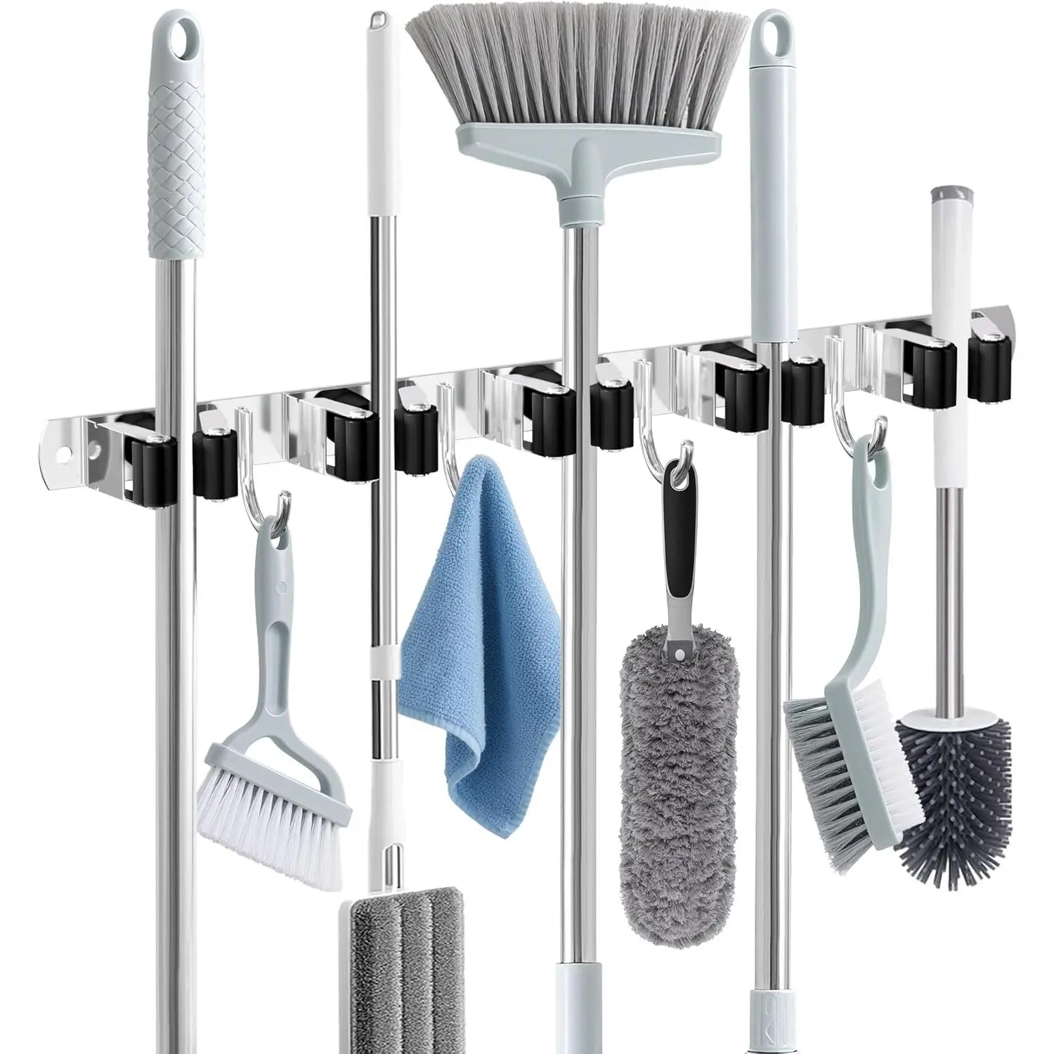 Broom Holder Wall Mount, Broom Organizer Wall Mount Stainless Steel Broom and Mop Hanger Heavy Duty Storage Organization for  Kitchen Garden Garage Room 5 Racks 4 Hooks