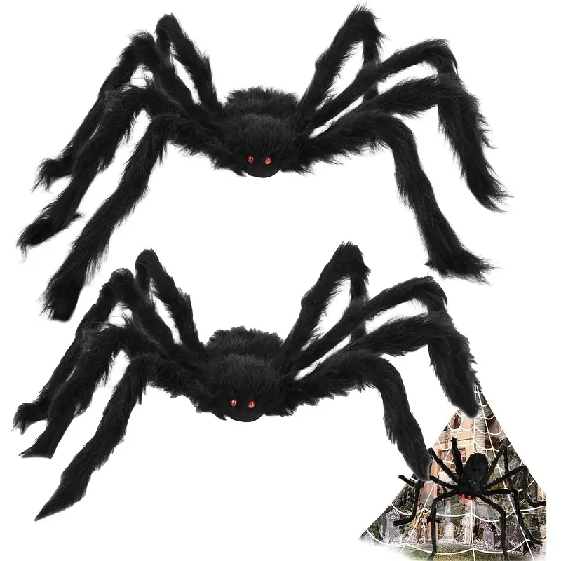 Set of 2: giant black spiders measuring 75 centimeters, realistic Halloween decorations in the form of huge terrifying spiders  suitable for use indoors and outdoors during Halloween, Thanksgiving, Christmas parties, and as home decorations.