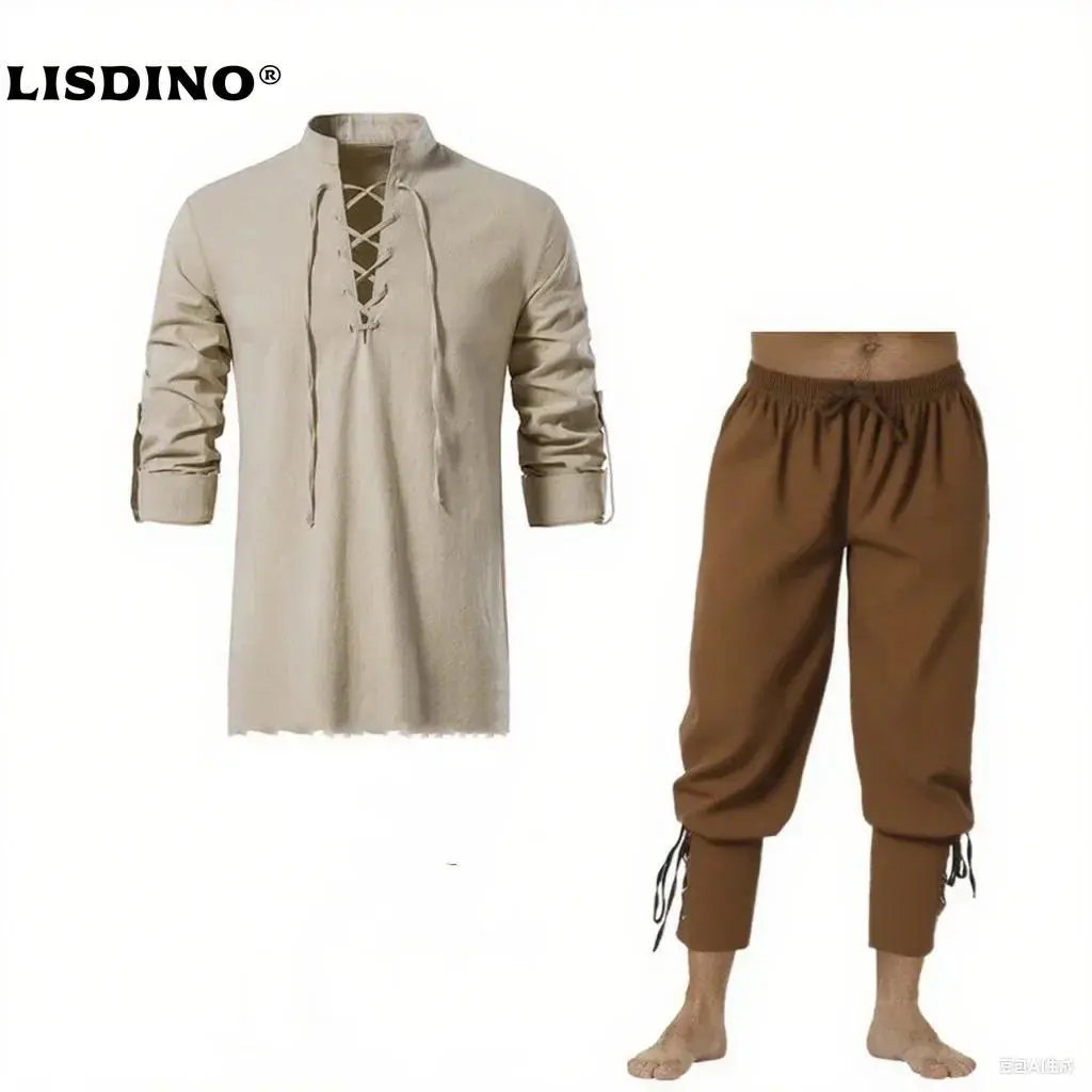 2Pcs Retro Vintage Medieval Renaissance Cosplay Costume Outfits Pirate Viking  Halloween Casual Daily LARP Ren Faire Shirt Pants