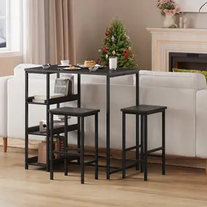 Space-Saving 3-Piece Counter Height Dining Table Set – Industrial Metal & Wood, Storage Shelves, 2 Bar Stools, Easy Assembly – Ideal for Small Kitchens, Apartments, Condos