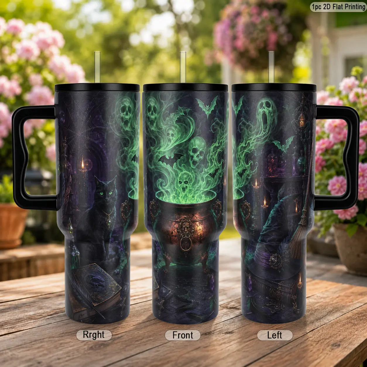 40oz 304 Stainless Steel Vacuum Tumbler with Handle, Mysterious Dark Magic Witch Cat Skull Print, Long Lasting Insulation with Straw Lid, Fits Most Car Cup Holders, for Iced Drinks Coffee, Ideal Holiday Gift for Camping Travel Outdoor Enthusiasts