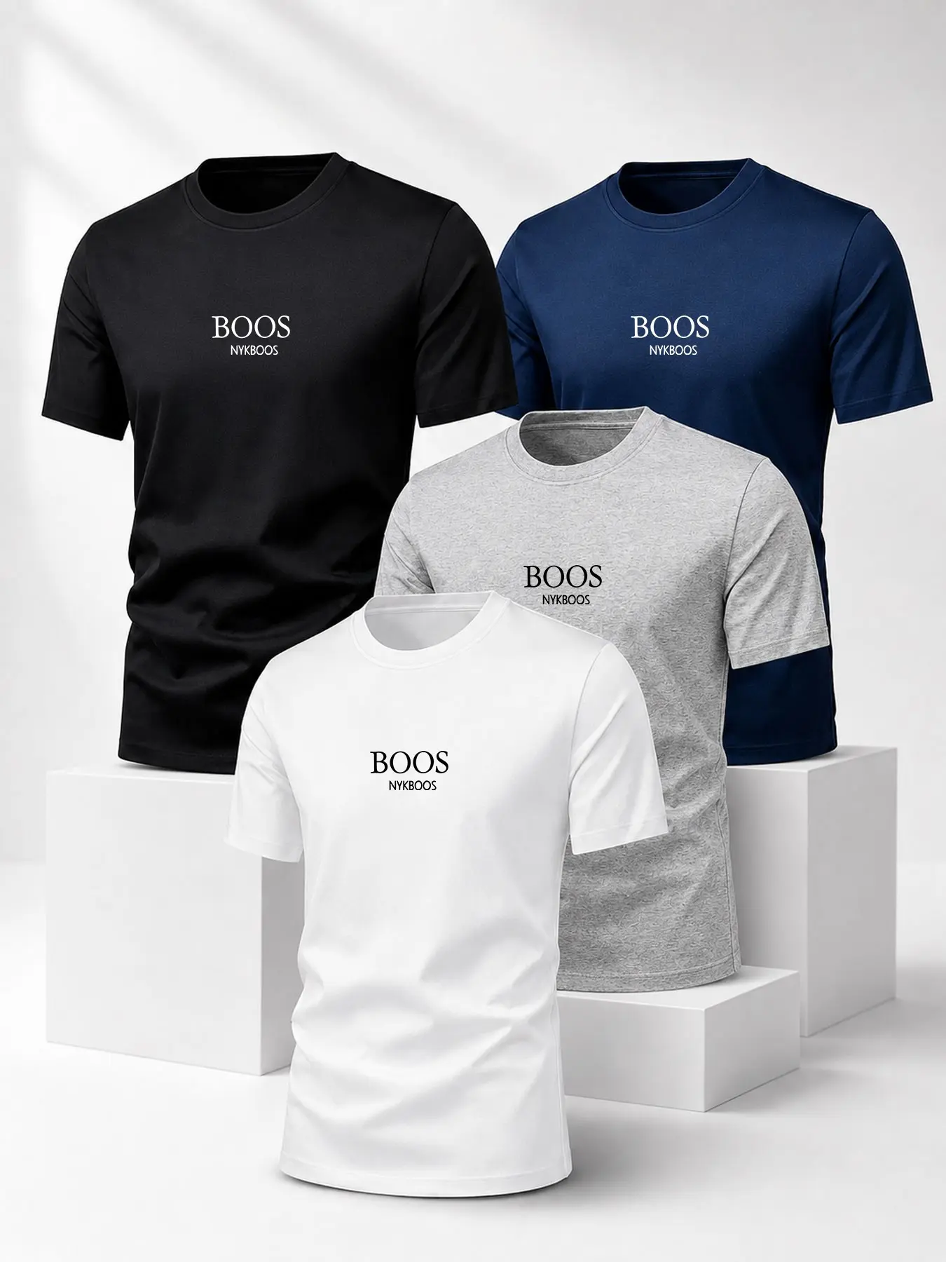 4-Pack Men's Round Neck Casual T-Shirts, Boss Logo Print, Soft Breathable Fabric, Ideal for Daily Wear, Commute, Sports, Young Men