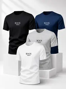 4-Pack Men's Round Neck Casual T-Shirts, Boss Logo Print, Soft Breathable Fabric, Ideal for Daily Wear, Commute, Sports, Young Men