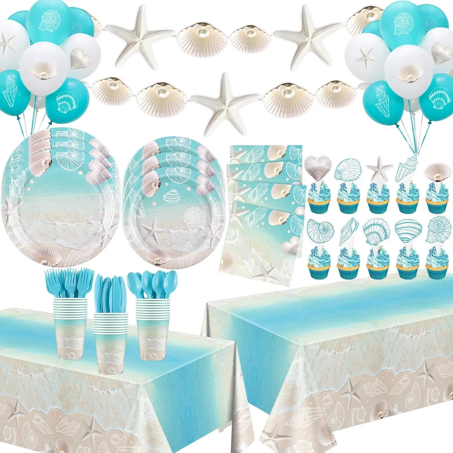 213 Pcs Seashell Birthday Decoration, Beach Birthday Party Supplies, Ocean Coastal Party Decorations Includes Plates, Napkins, Cups, Tablecloths, Cake Topper for Beach Theme Birthday, Serves 25Gift