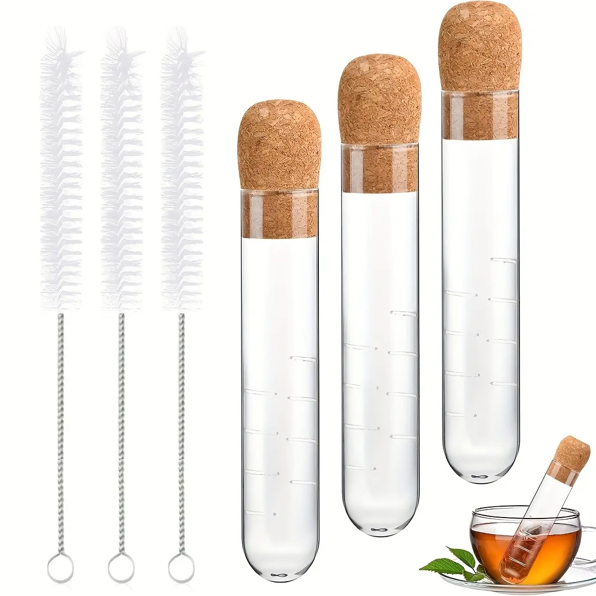 3 Pack Glass Tea Strainers with Corks and Cleaning Brush, Loose Leaf Tea Infusers, Tea Steeper Filters for Mugs and Teapots