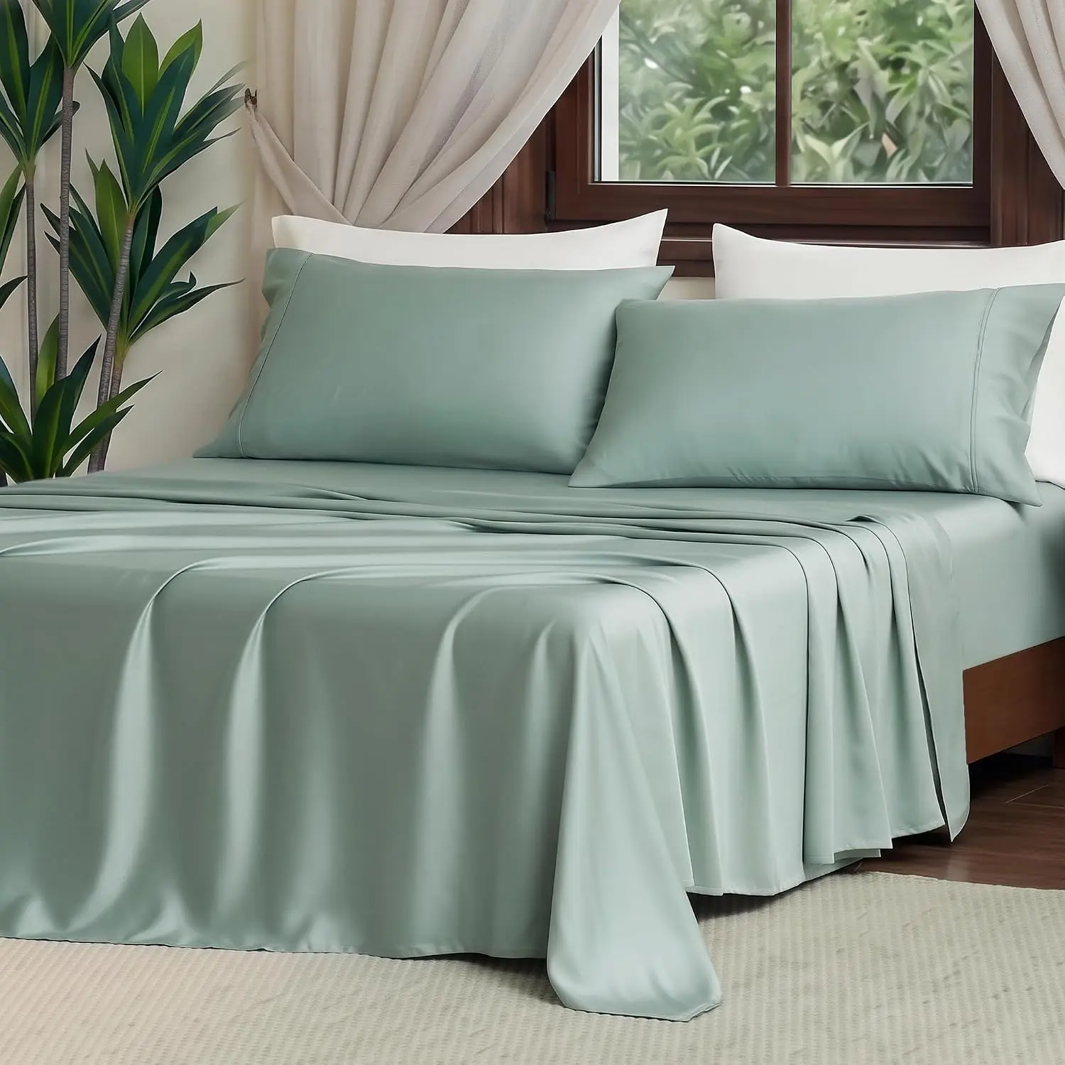 Tencel Lyocell Sheet Set  Size 3 count, Silky Soft Breathable Cooling Sheet Set with 16 Inch Deep Pocket for Hot Sleepers, Mist Green