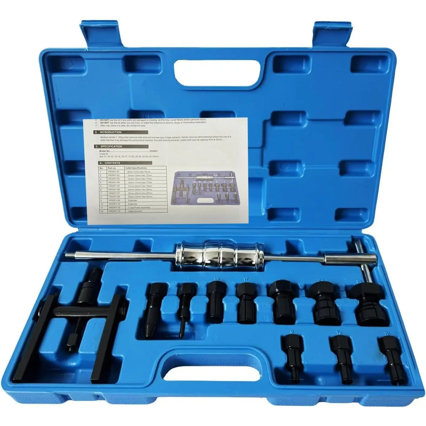 12pcs Blind Hole Bearing Puller Set Internal Bearing Extractor Puller Kit Motorcycle Bicycle Wheel Bearing Removal Tool Slide Hammer Pilot Insert Inner Bearing Puller Tool with Expanding Collet 8-32MM