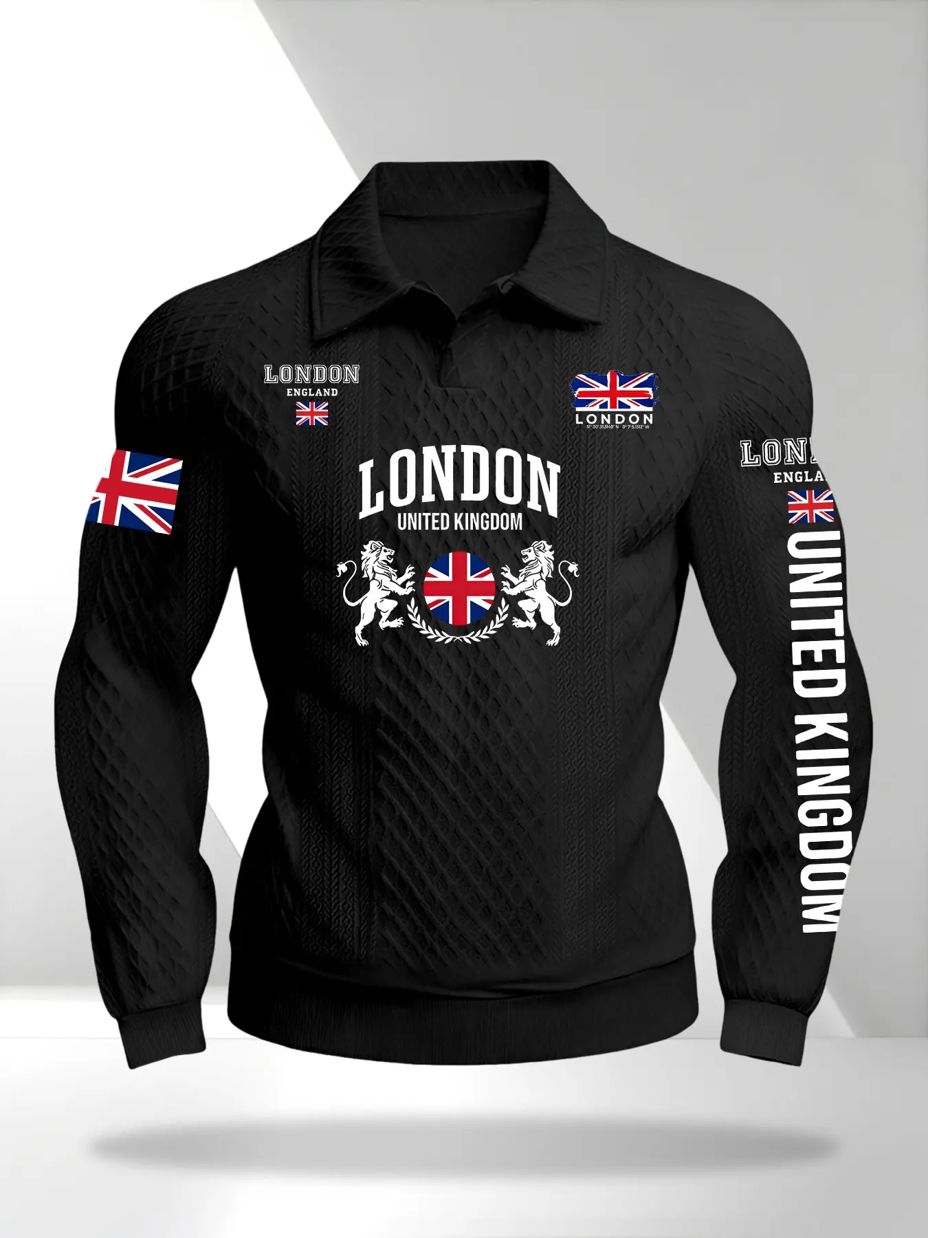 Men's Fashion London Uk Flag Long Sleeve Polo, Jacquard Texture Collar Design, Streetwear Long Sleeve Top, All Seasons Fitted Shirt