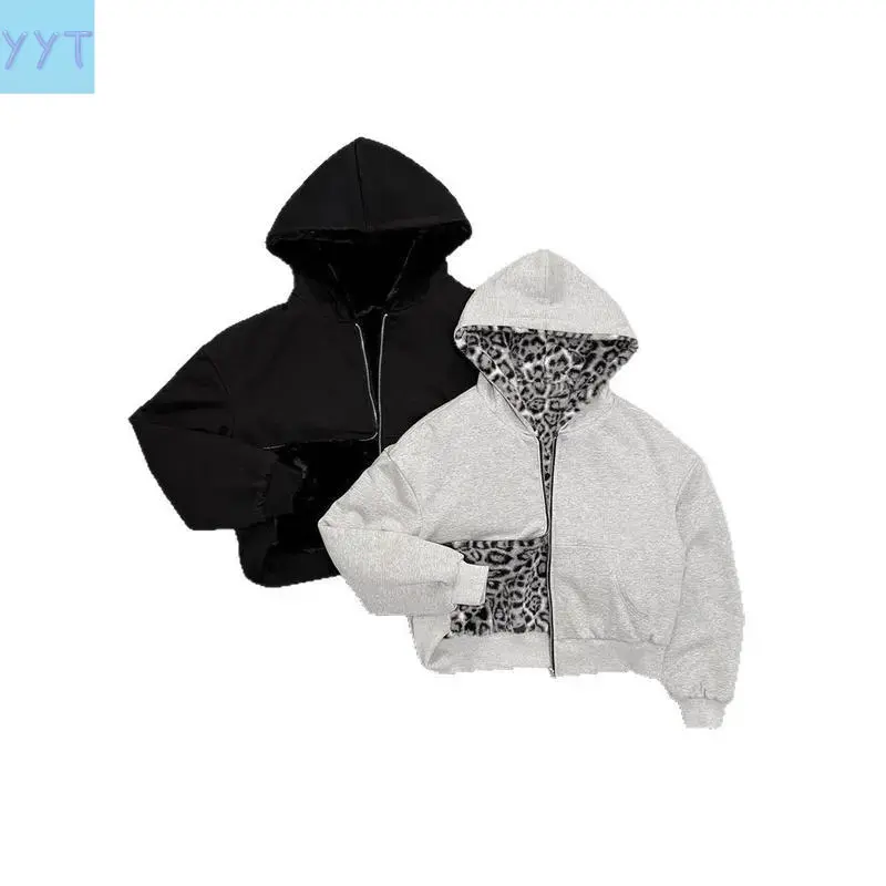 YYT1 New 2-Sided Harajuku Retro Leopard Print Loose Zipper Hoodie, Men's Hip-Hop Casual Sweatshirt, Women's Raincoat-Style Menswear Top