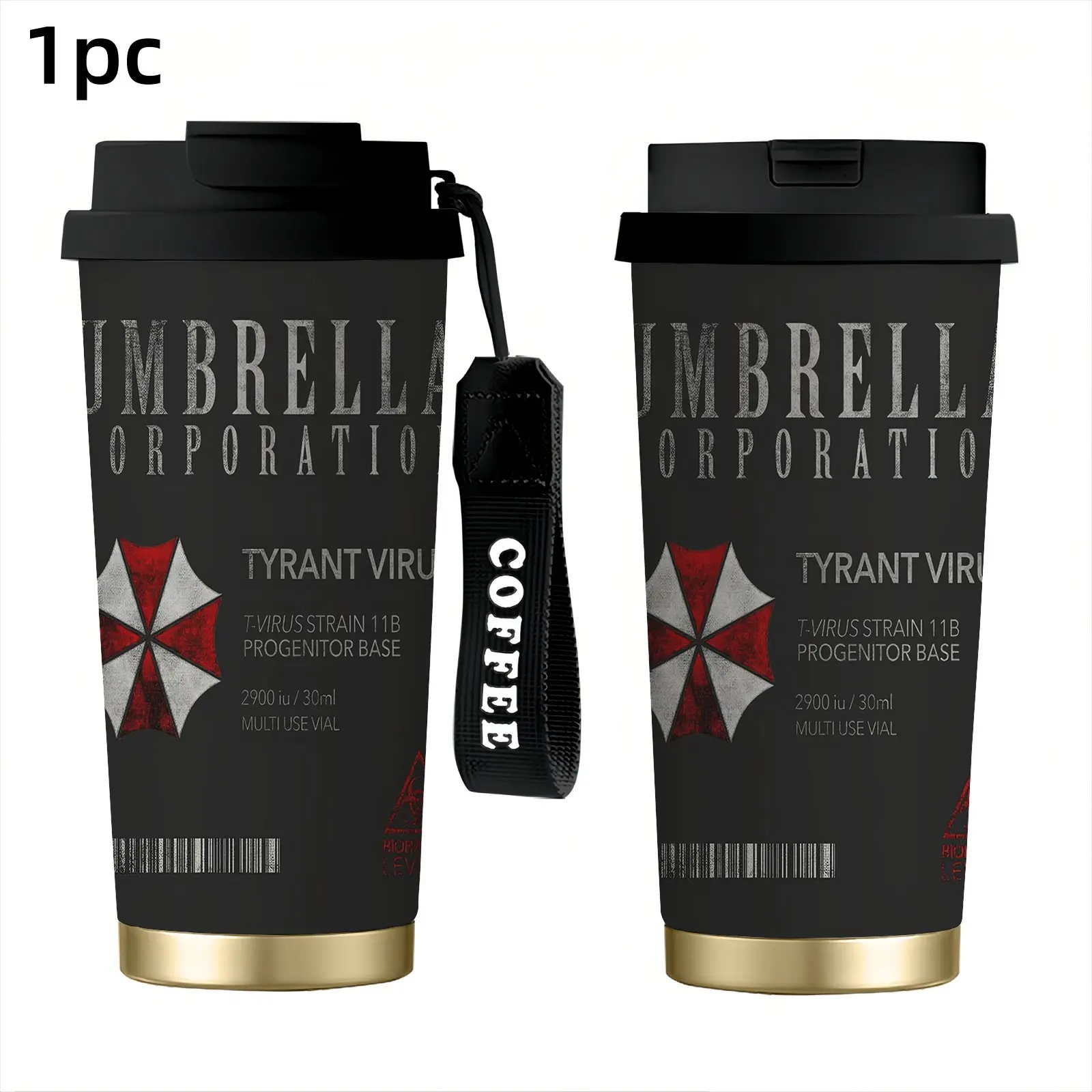 1pc 18oz Resident Evil Umbrella Corporation Vintage Print, Stainless Steel Leakproof Tumbler with Dual Sip & Straw Lid, Insulated Tumbler Cup, Portable Coffee Lanyard Strap, Double Wall Vacuum Insulated, Long Cold & Heat Retention