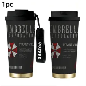 1pc 18oz Resident Evil Umbrella Corporation Vintage Print, Aesthetic Stainless Steel Leakproof Tumbler with Dual Sip & Straw Lid, Portable Coffee Lanyard Strap, Double Wall Vacuum Insulated Travel Mug Flask, Long Cold & Heat Retention