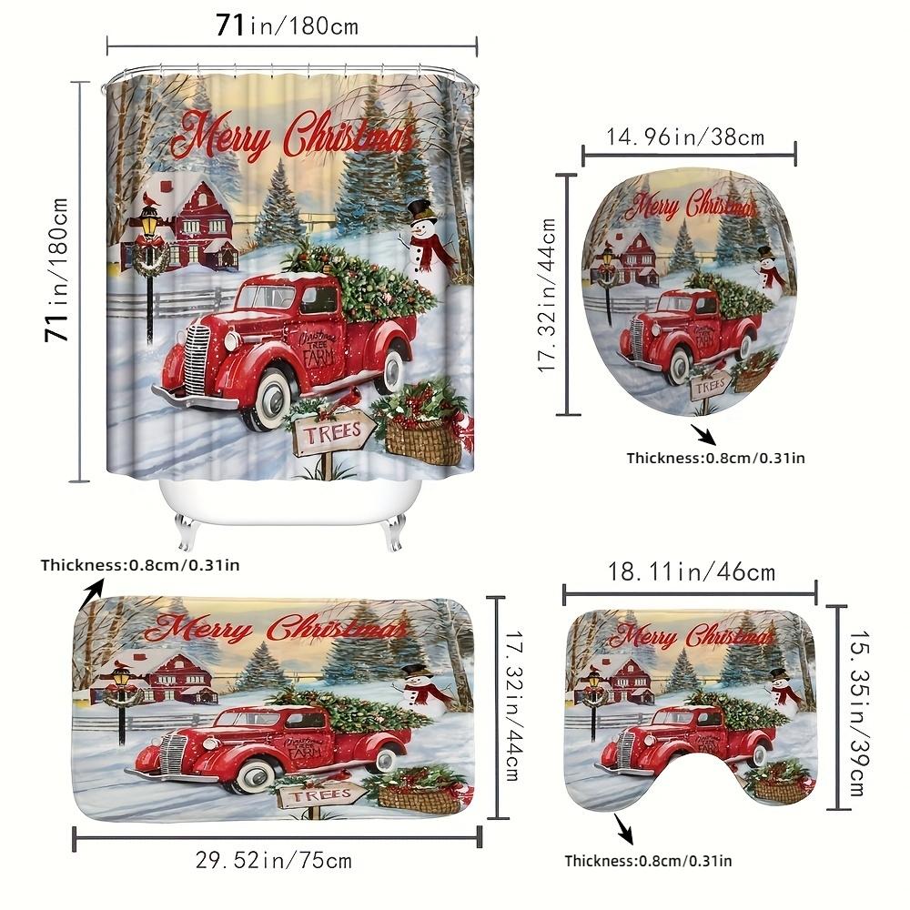 Christmas Themed Bathroom Decorations, 4 Counts/set Including Shower Curtain & Toilet U-shape Mat & Bath Mat & Toilet Lid Cover, Bathroom Accessories