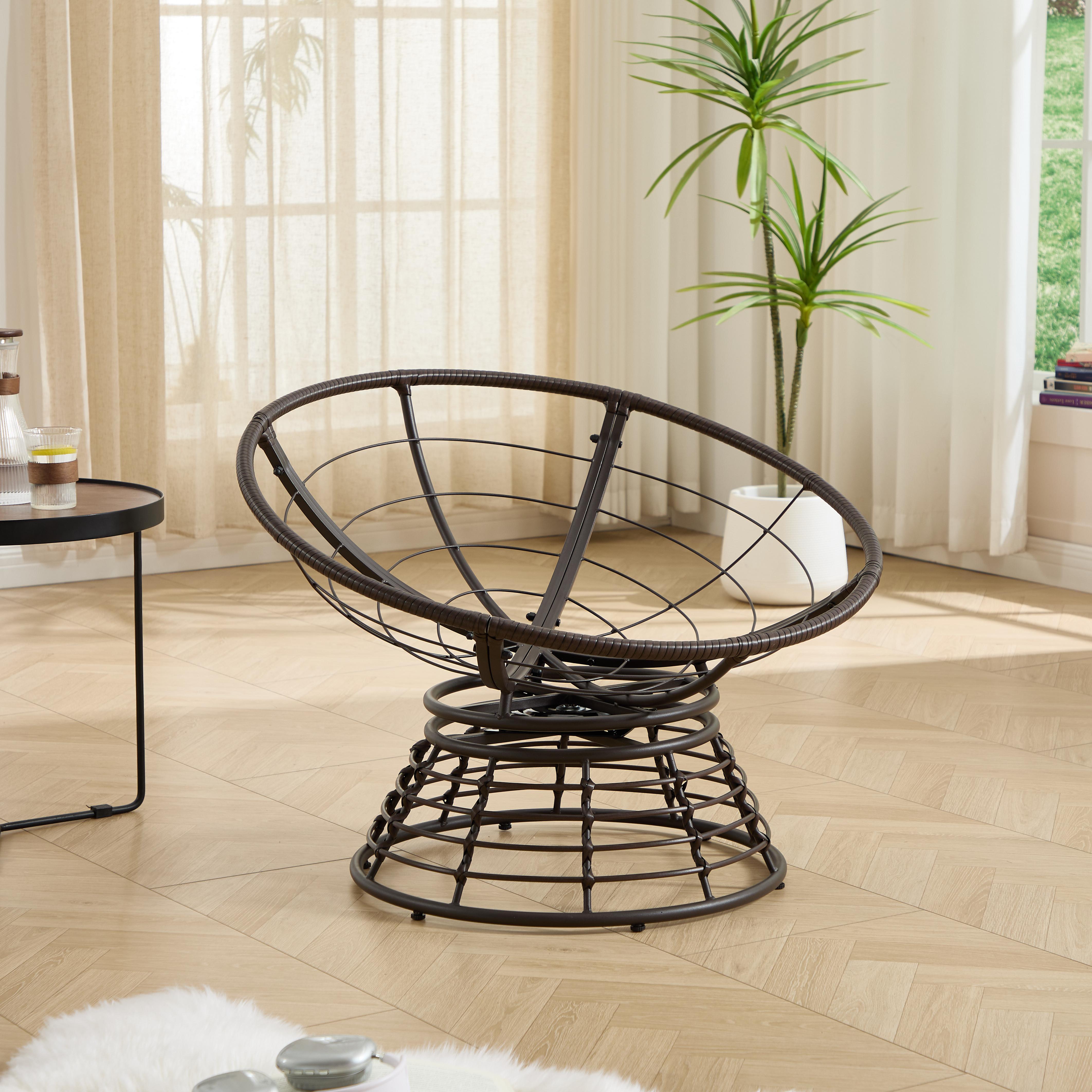 Comfortable Ergonomic Wicker Papasan Chair, 360 °   Swivel Indoor Outdoor Rattan Chair with Soft Thick Cushion, Ideal for Living Room, Bedroom, Reading Room, Brown Frame with Beige Cushion