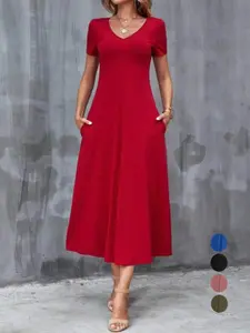 Summer Basic Solid V Neck Short Sleeve Midi Dress, Soft Stretch Fitted Slimming Flowy a Line Skirt, Casual Office Daily Wear with Pockets