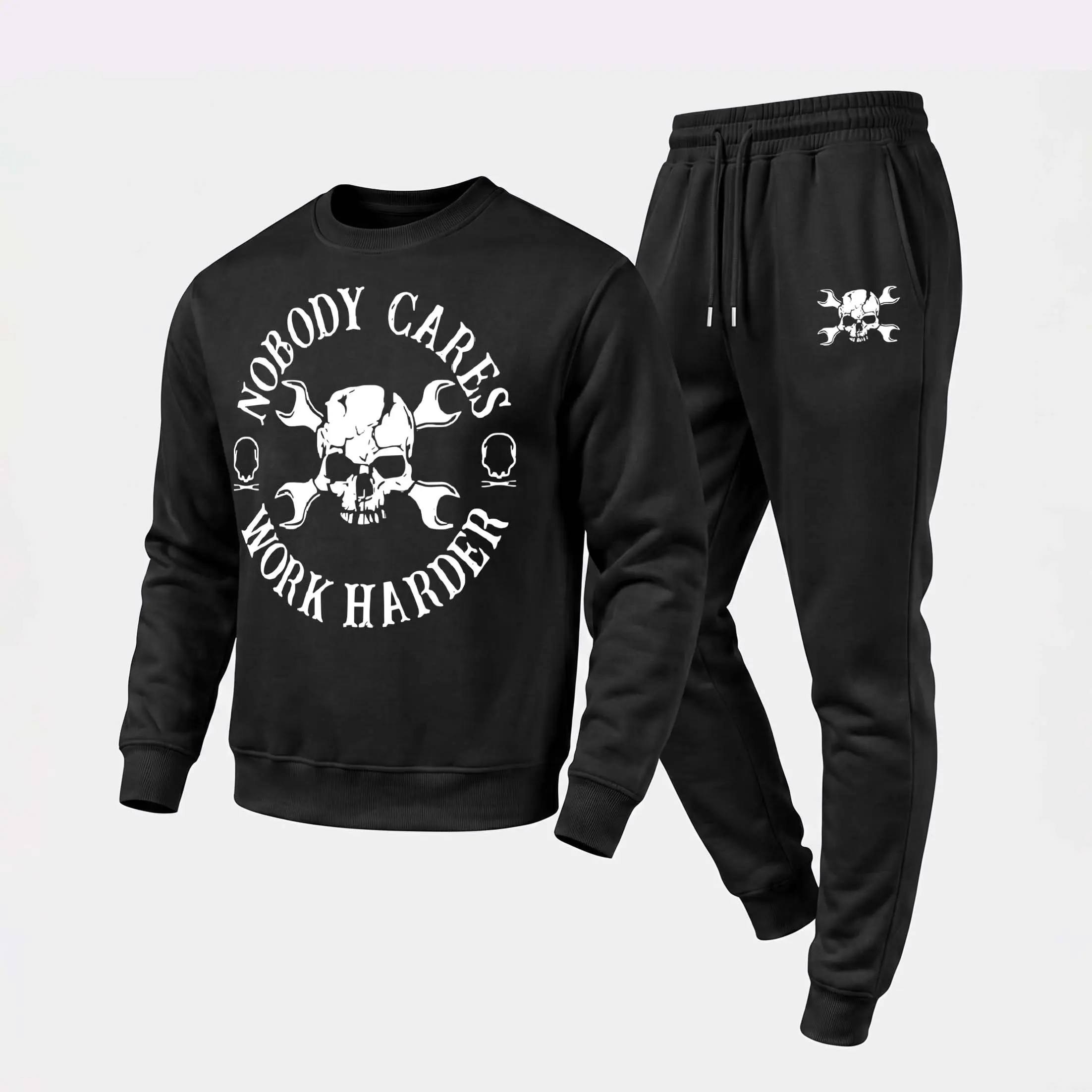 Men's “Nobody Cares Work Harder” Graphic Crewneck Sweatshirt and Jogger Pants Set, Casual Long Sleeve Pullover with Drawstring Sweatpants, Fall Winter Tracksuit for Daily Wear, Travel, Lounge, Workout and Indoor Outdoor Activities