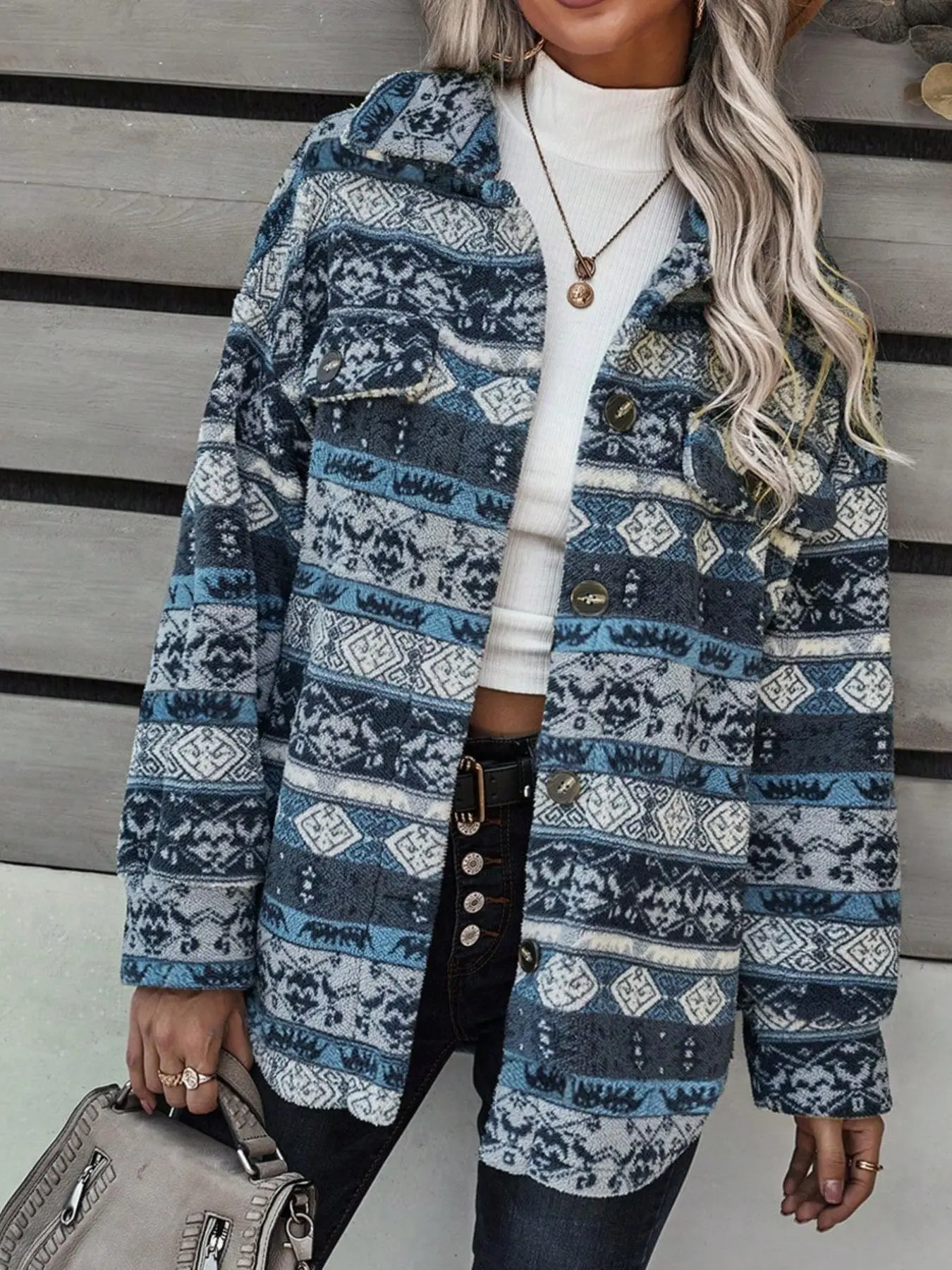 Women's Fall Winter Geometric Pattern Long Sleeve Coat, Casual Loose-Fitting Button Front Jacket, Warm Ethnic Style Outerwear