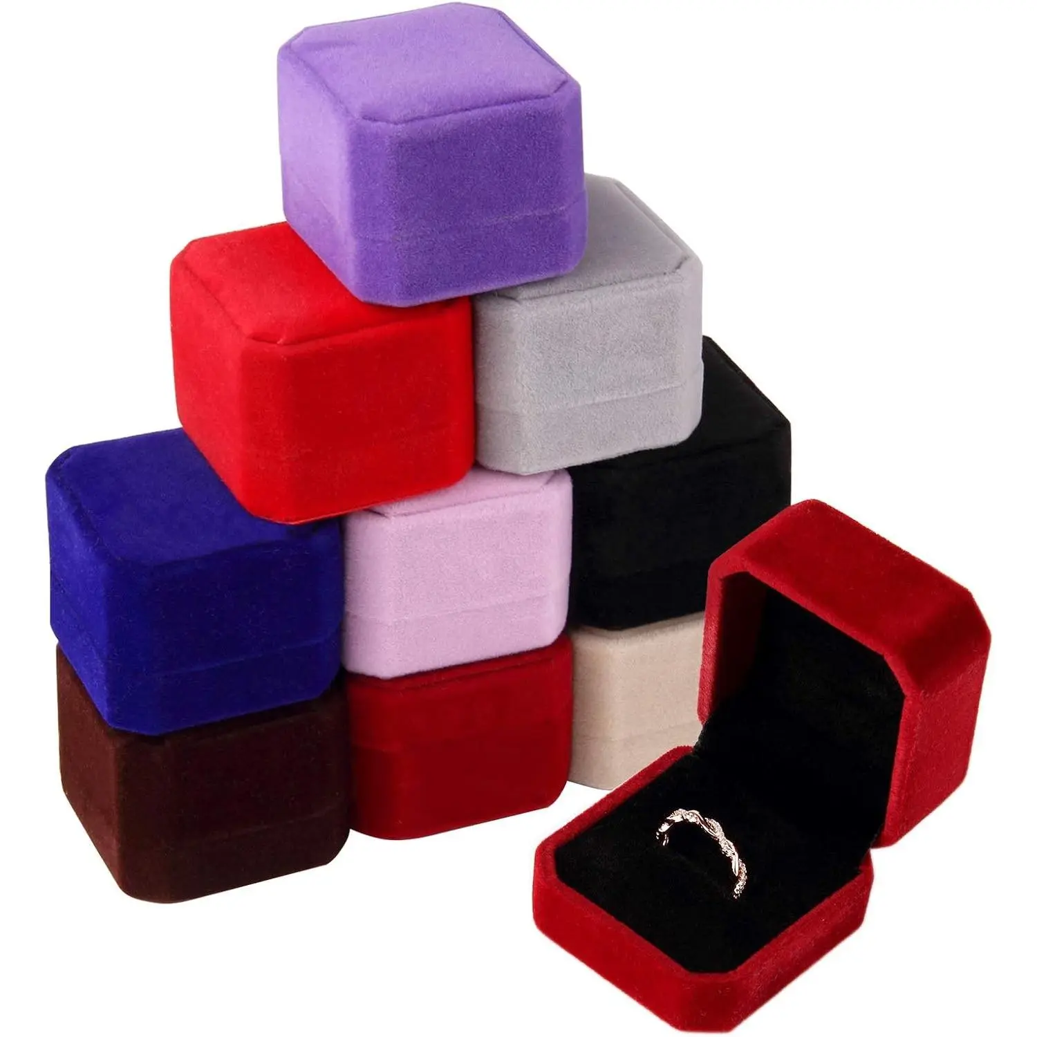 9Pcs Square Velvet Jewelry Organiser Boxes - Individual Packs, Assorted Colors, Compact Gift Storage for Ring, Earring Display (Home Organizer Storage Bin)
