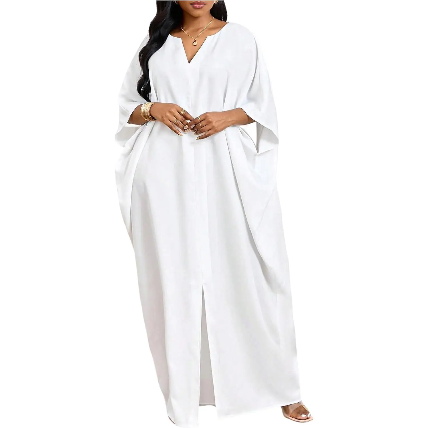 OYOANGLE Women's Plus Size Kaftan Maxi Dresses| Cutout Slit Caftans, Solid Color, Loungewear Sleeves Long Dress for Curvy