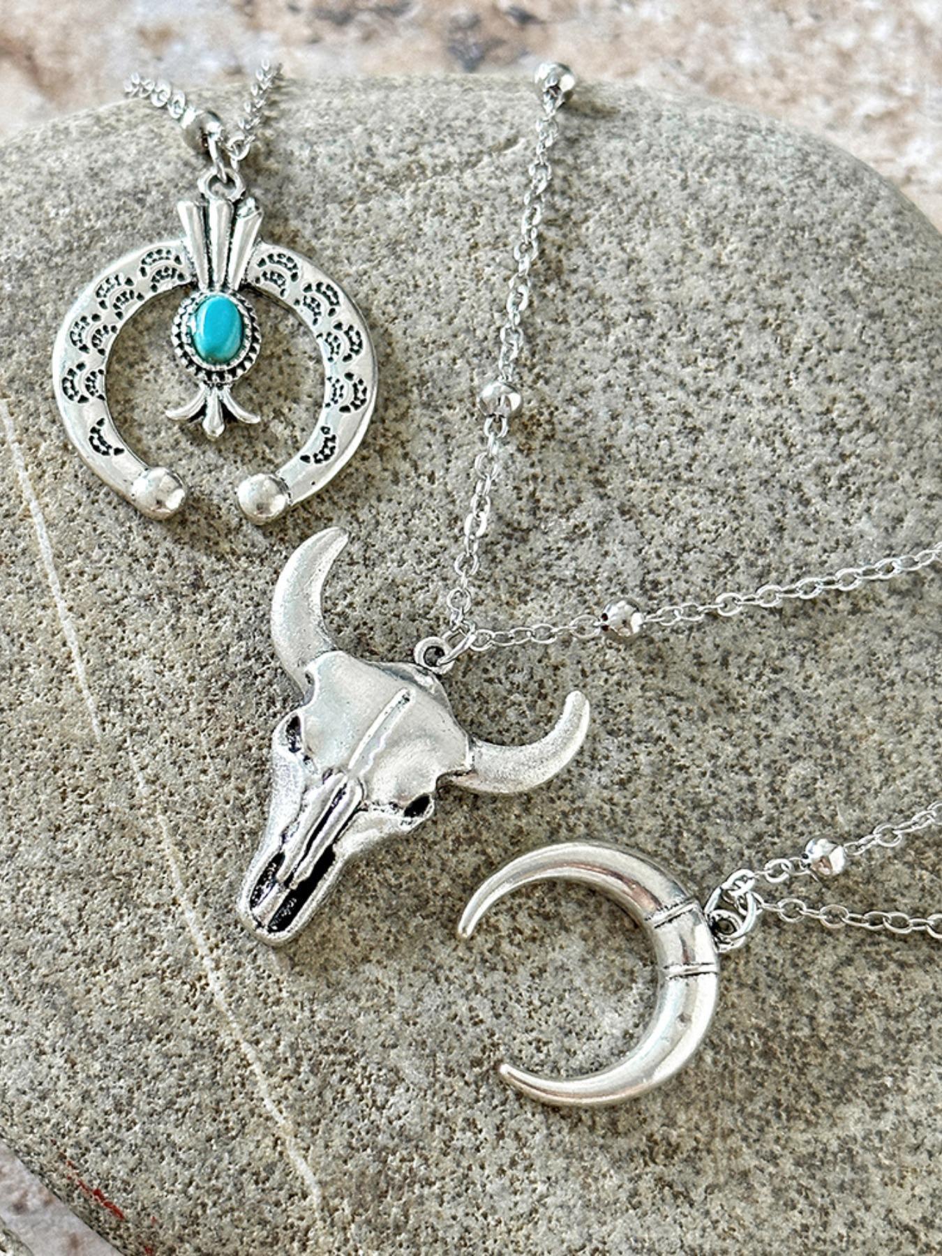 Western Cowboy Necklace Set, Vintage Style Necklace, Boho Style Necklace with Bull Head & Horseshoe & Flower & Cactus Pendant, Fashion Jewelry Accessories for Women & Men