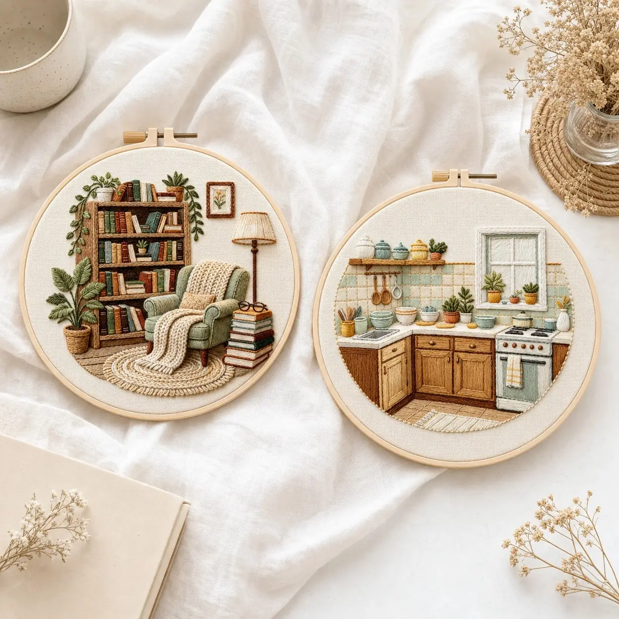 Beginner Cross Stitch Kit, Home Life Patterns, Elegant Style, DIY Embroidery Set, Includes Cotton Fabric, Thread, Needle, Instruction Manual, 20cm Hoop