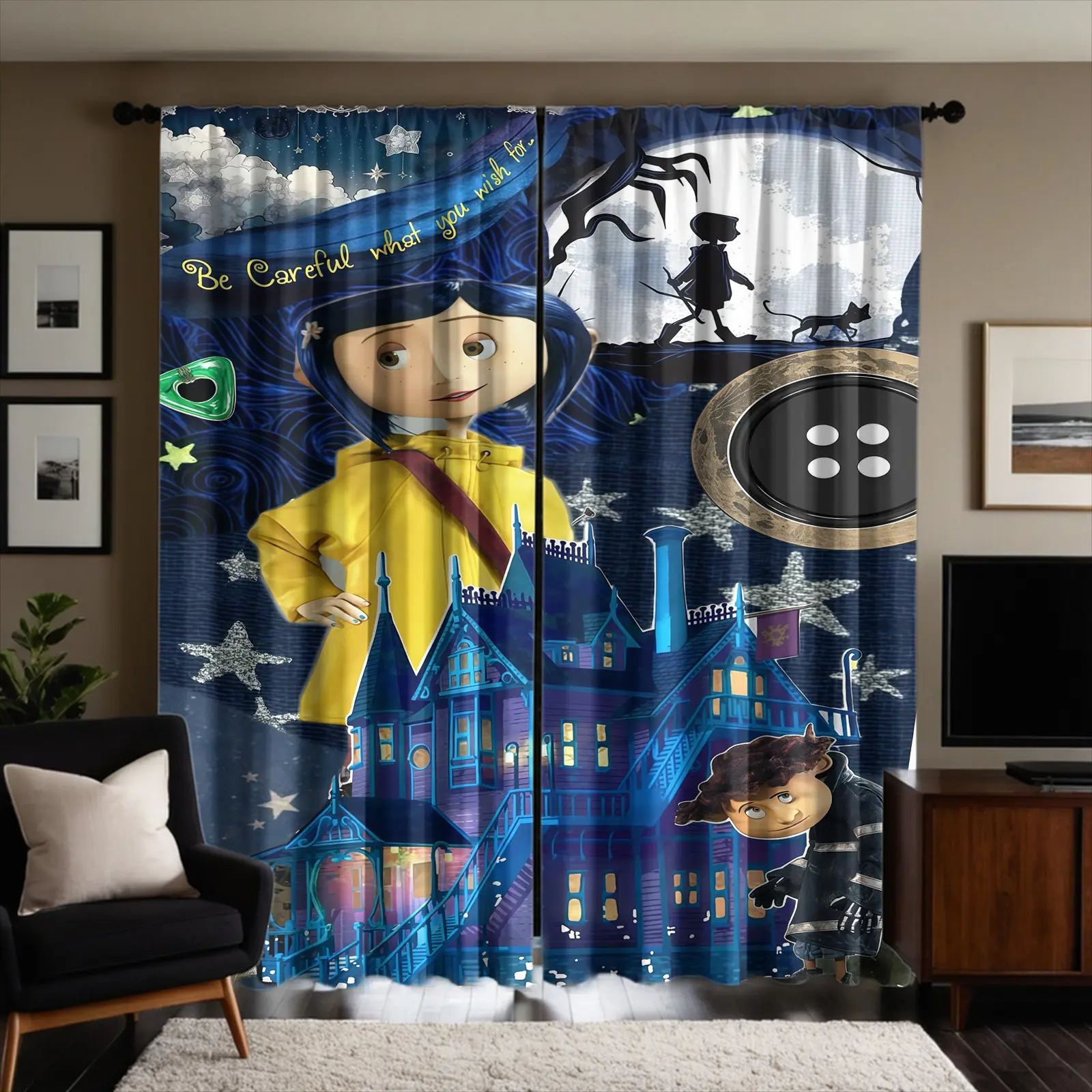 Cartoon Character Pattern Semi-Blackout Brushed Fabric Curtains, 2-Piece Pack, Suitable For Living Room, Balcony And Bedroom, Perfect Home Season Holiday Room Decoration