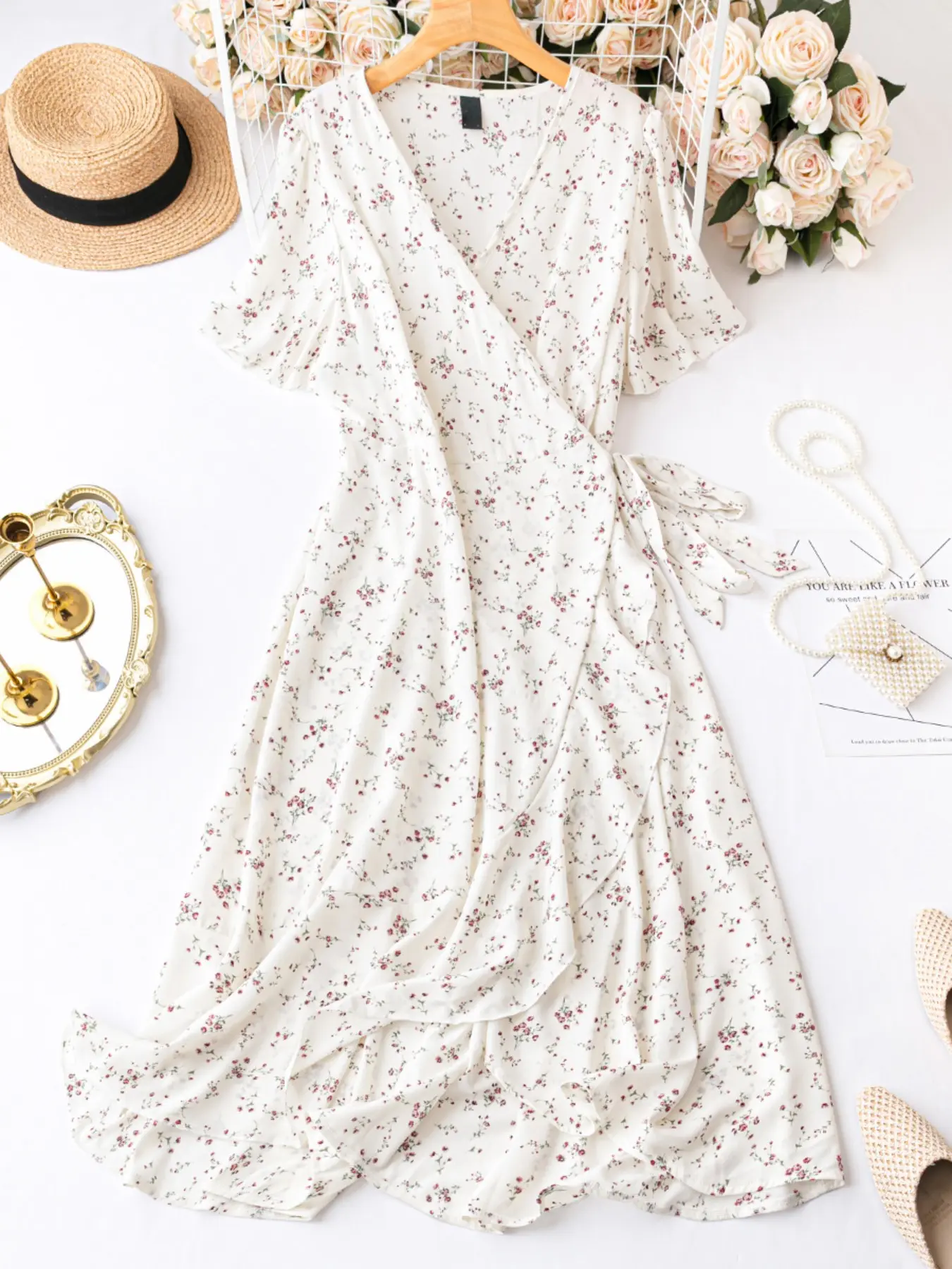 Plus Size French Wrap Floral Midi Dress, Flowy Comfortable Belly Concealing Tummy Flattering Dresses, Perfect for Travel and Daily Wear, Casual, Elegant All-Over Print