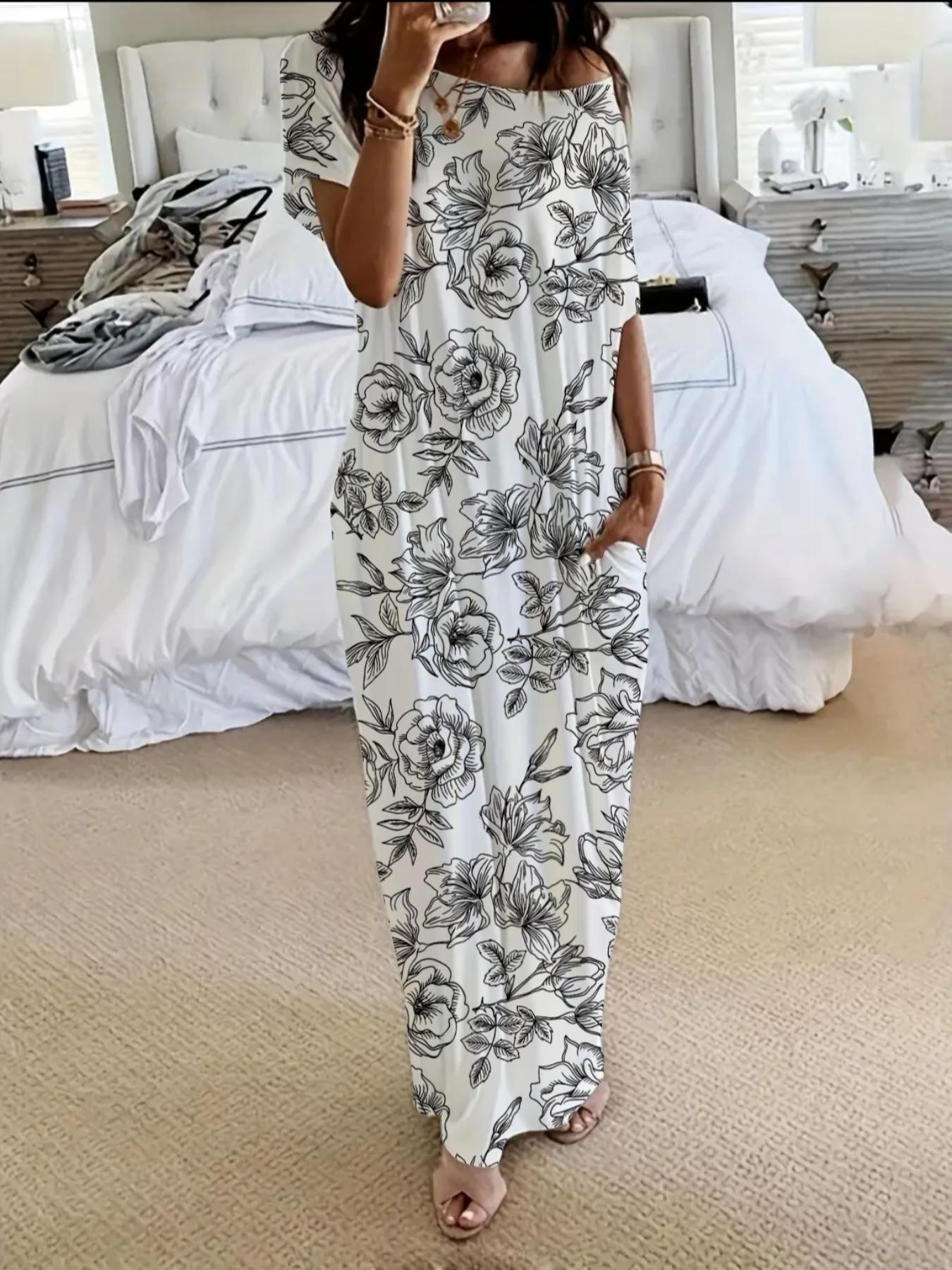 Women's Solid Color Batwing Sleeve Lounge Dress, Casual Comfy Short Sleeve Nightdress for Daily Wear, Ladies Sleepwear for All Seasons