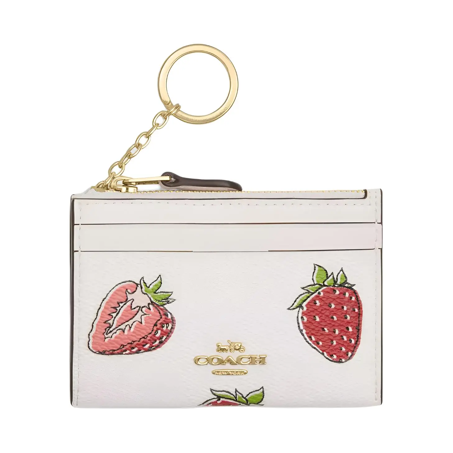 COACH Skinny ID Card Case for Women – Strawberry Print Canvas with Letter Logo, White