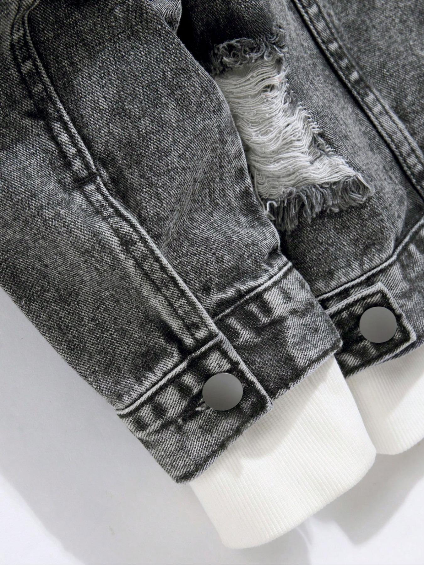 Men's Distressed Ripped Long Sleeve Lightweight Denim Jacket, Regular Fit Street Fashion Casual Comfy Button Front Multi-pocket Collared Outerwear for Daily Wear, Menswear for All Seasons