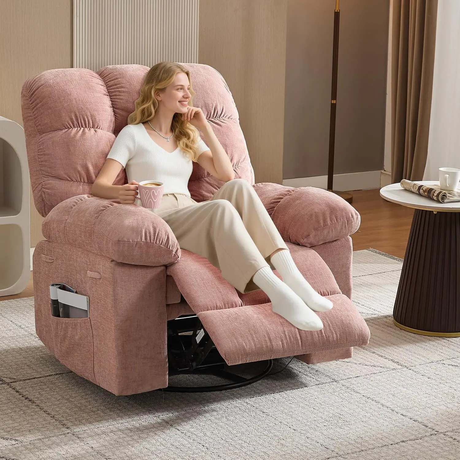 21.3-Inch Wide Cloud Recliner Chair with Heat and Massage, Manual Rock and Swivel, Chenille Upholstery, Gray, Pink, and Green