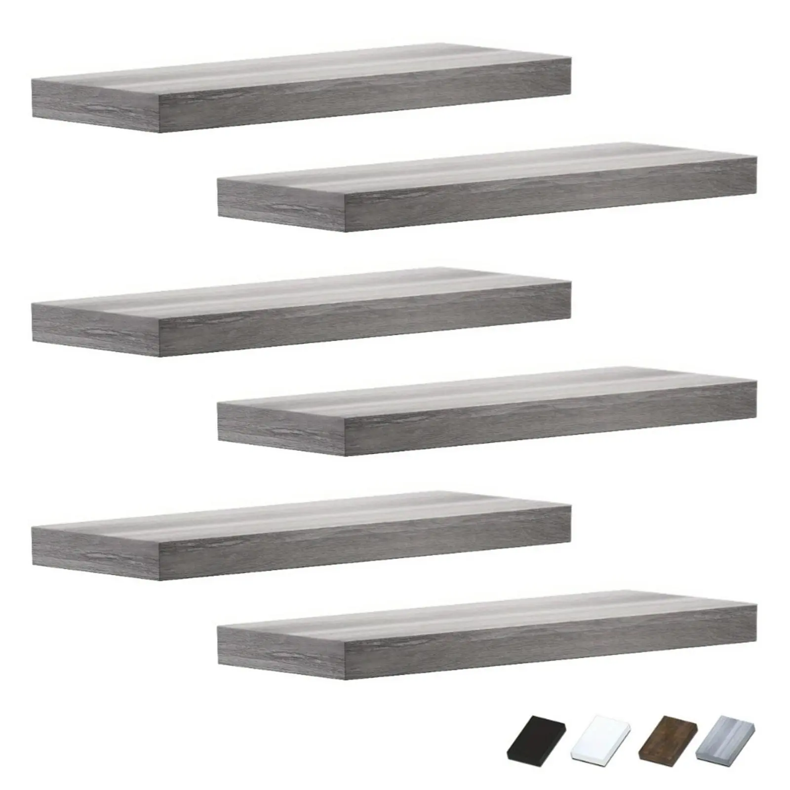 6-Piece Wooden Floating Wall Shelves, Durable Easy-Assembly Room Decor Accessories, Slim Space-Saving for Bedroom Storage, Apartment Stuff (Black, White, Grey, Brown)