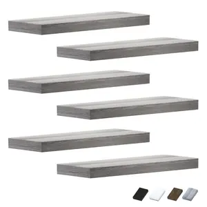 6-Piece Decorative Wood Floating Wall Shelves, Durable Easy-Assembly Room Accessories, Slim Space-Saving for Bathroom, Bedroom Organization & Display, Home Storage (Black, White, Grey, Brown)